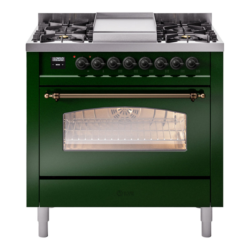 ILVE Nostalgie II 36 Dual Fuel Range, knobs, Emerald Green/Bronze, Liquid Propane