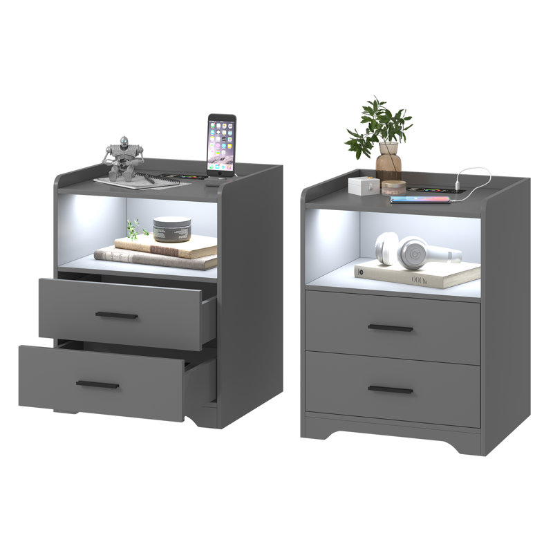 2 Drawer Bedside Table with Charging Station and Human Sensor Light, Grey
