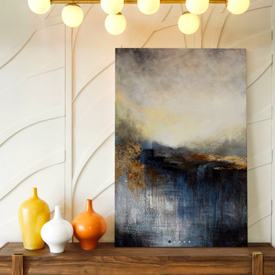 Abstrait paysage peinture bleu or gris texturé moderne maison impression sur toile, abstrait moderne paysage naturel or accent bleu accent rouge Home Decor For Living