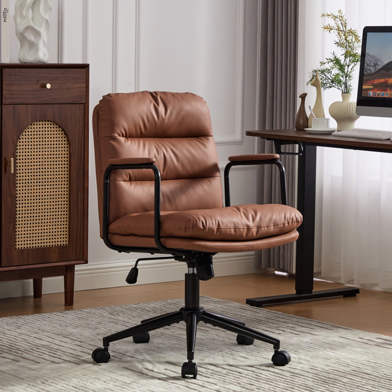 Ergonomic Pu Leather Mid Back Office Chair With 40 Reclining Back, Wheels, Arms, 360 Swivel, Adjustable Height, Brown, Double Sponge Cushion, Ideal For Living Room Entertaining Brown Padded , Swivel