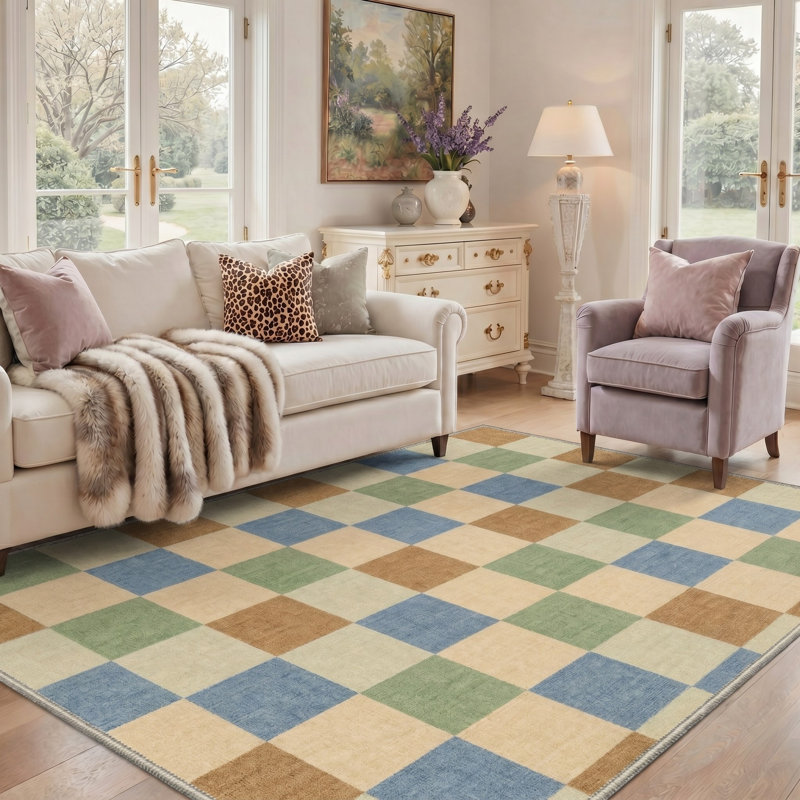 Tapis beige / vert à carreaux lavable à la machine avec envers antidérapant, Rectangle 5 pi x 7 pi