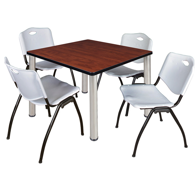 Plateau de table Kee Square, 4 chaises empilables, H 36 po x l 29 po x P 29 po, Cerisier, Chrome