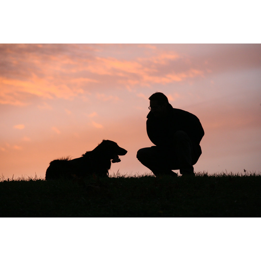 Männer und Hund, Silhouette von MCv300 - Druck auf Leinwand ohne Rahmen