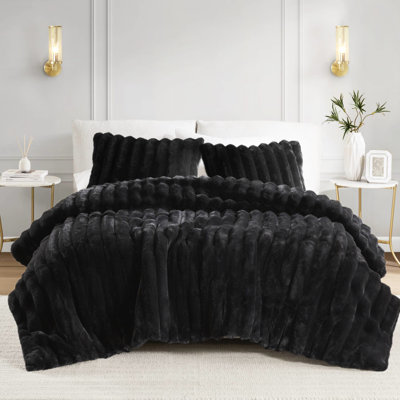 Très grand lit, 3 pièces, fausse fourrure, édredon, noir, moelleux et texturé, envers, lavable à la machine, très grand nettoyage, velours de cristal, entretien facile