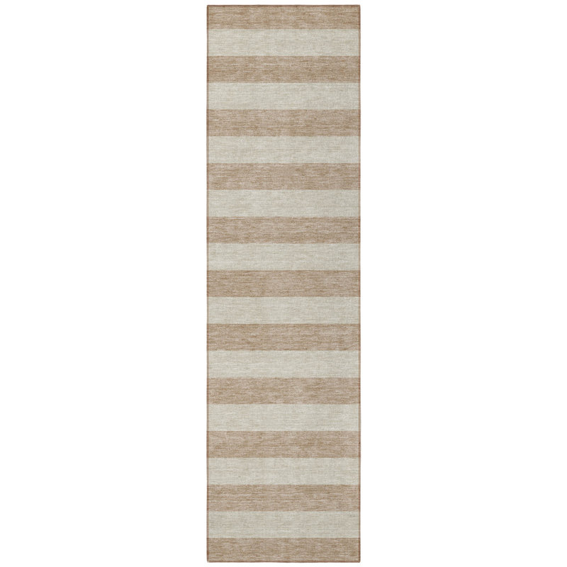 8' Runner Beige Striped Washable Non Skid Indoor Outdoor Runner Rug