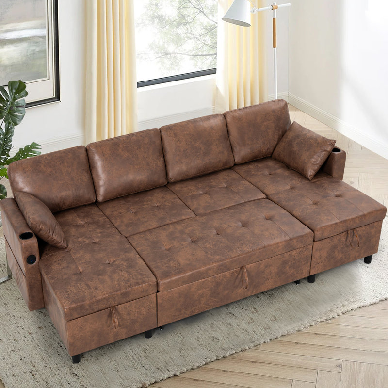 108" U-Shape Sectional Sleeper Sofa Bed With Adjustable Backrest,Pull-Out Reversible Couch With Storage Chaises, Suede Leather Convertible Sofa With USB Charging Port For Living Room, House