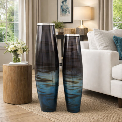 Ensemble de 2 vases décoratifs viennois, rebord en aluminium, verre bleu stratifié 27 pouces