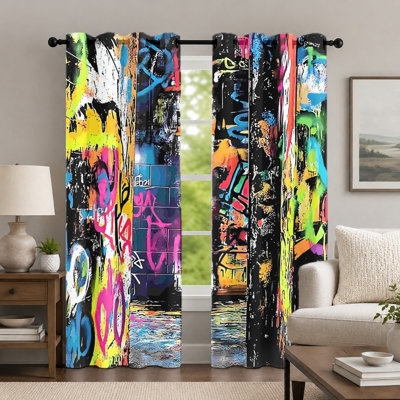 2Pcs Colorful Graffiti Print Curtains, Artistic Street Style Curtain, Vibrant Urban Splash Ink Pattern Grommet Drapes, Window Treatment for Bedroom Living Room Decor