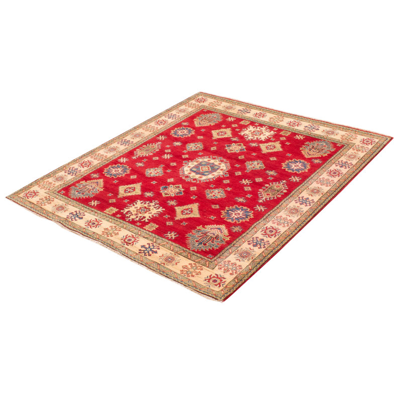 Tapis unique en laine noué à la main nouvel âge de 4 pi 1 po x 6 pi 4 po Almehdi en rouge / noir / beige
