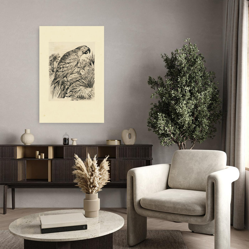 Parrot Illustration Abstract Bird Palm Tropical Landscape Art, 36" H x 24" W