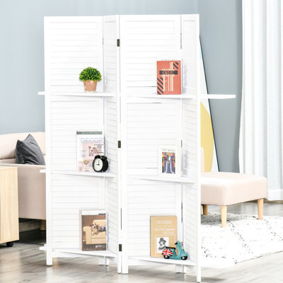 Paravent en bois 4 panneaux 67 po avec 3 tablettes, pliable pour le bureau et la chambre à coucher, écran blanc, bureau / chambre à coucher