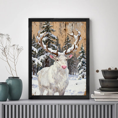Black Framed Vintage The little deer in the winter forest drenched in snow Wall Art Retro Style Framed Prints
