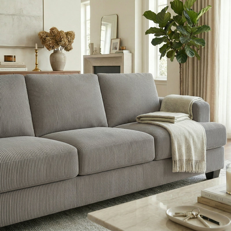 89'' Upholstered Sofa, Modern 3 Seater Corduroy Couch With Square Armrests, Light Gray