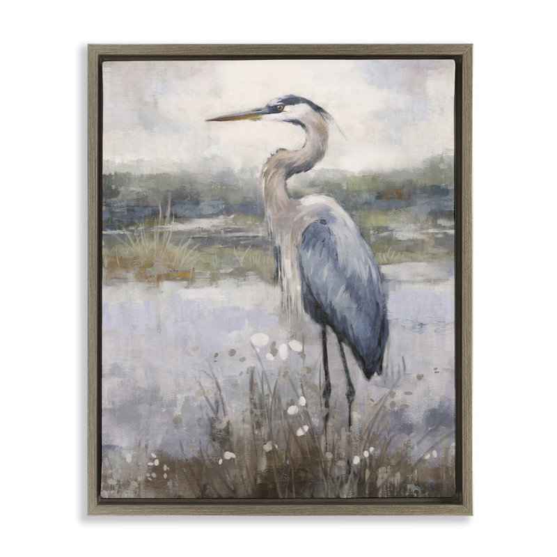 «Coastal Heron on Riverbank Floater» par Nina Blue, Encadrement brun, H 31 po x l 25 po