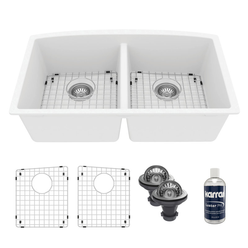 Karran Quartz 32-1/2'' X 19-1/2'' Double Bowl 50/50 Undermount Kitchen Sink Kit, White