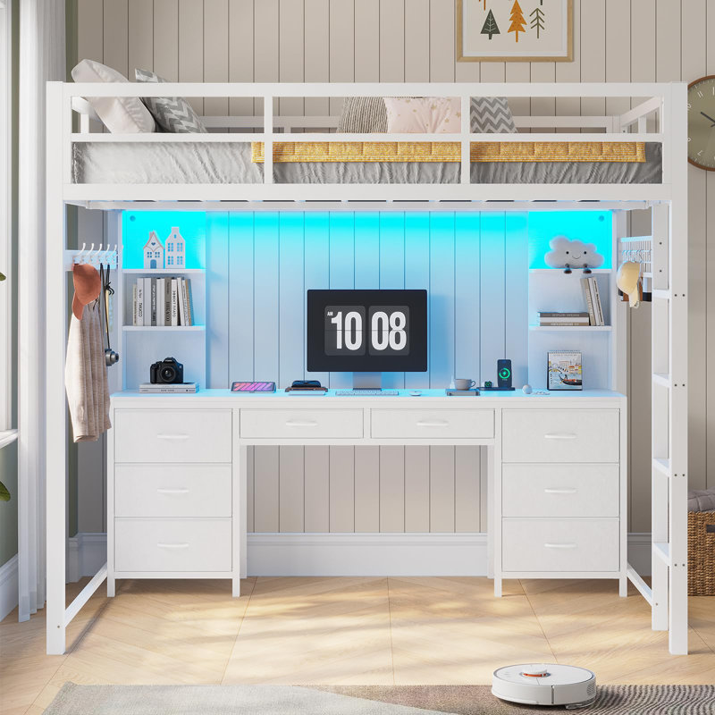 Loft Bed With Desk And Charging Station, Metal Loft Bed With 8 Drawers Storage And Led Lights, 4 Open Storage Shelves,, White
