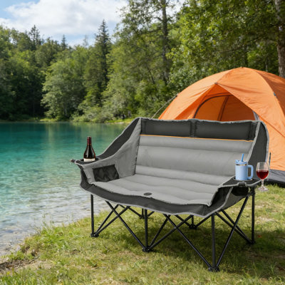 Double Camping Chair, 58" Oversized Folding Camping Loveseat With Padded Cushion, Wine Glass Holder & Cooler Pockets, Portable Outdoor Camping Sofa