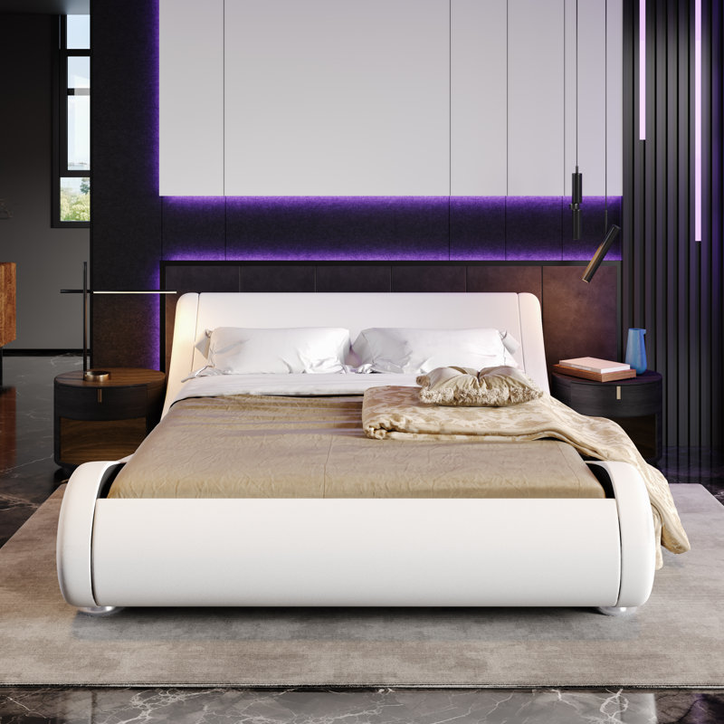 Sewilla Upholstered Faux Leather Low Profile Sleigh Bed with Adjustable Headboard, Queen, White