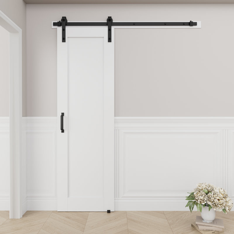 96" White Primed MDF Sliding Barn Door with Black Hardware Kit