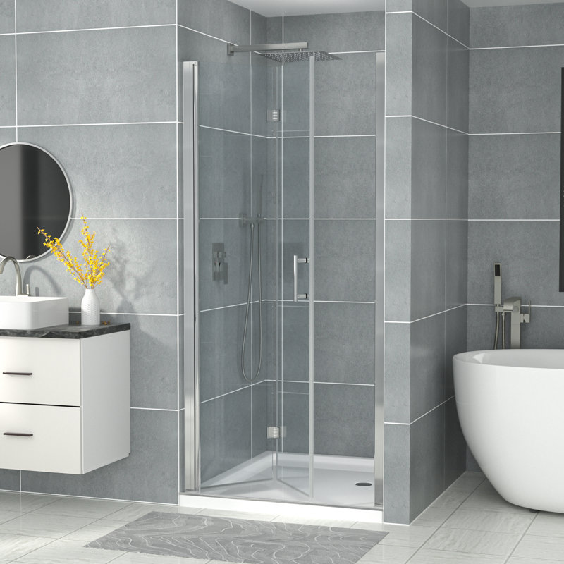 32 - 33.5 in.W x 72 in.H Bi-Fold Frameless Glass Shower Door, Folding Farmless Shower Door, Polished Chrome