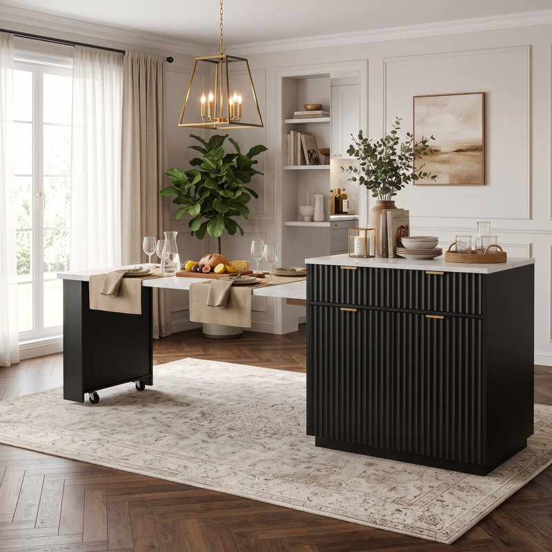 82.6" Fluted Kitchen Island With Extendable Dining Table & Storage For 2-6,Double Side Storage,Charging Station, Spice Racks For Dining Room