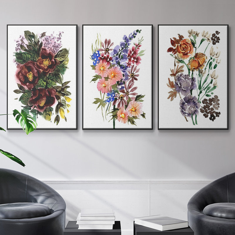 "Garden Bouquets I", reproduction sur toile 3 pièces, Noir, H 24 po x l 48 po x P 2 po