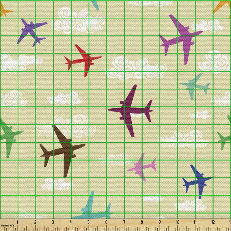 Chloe-Paige Illustration of Colorful Airplanes in Sky Romantic Cloud Repetitive Multi-Purpose Fabric