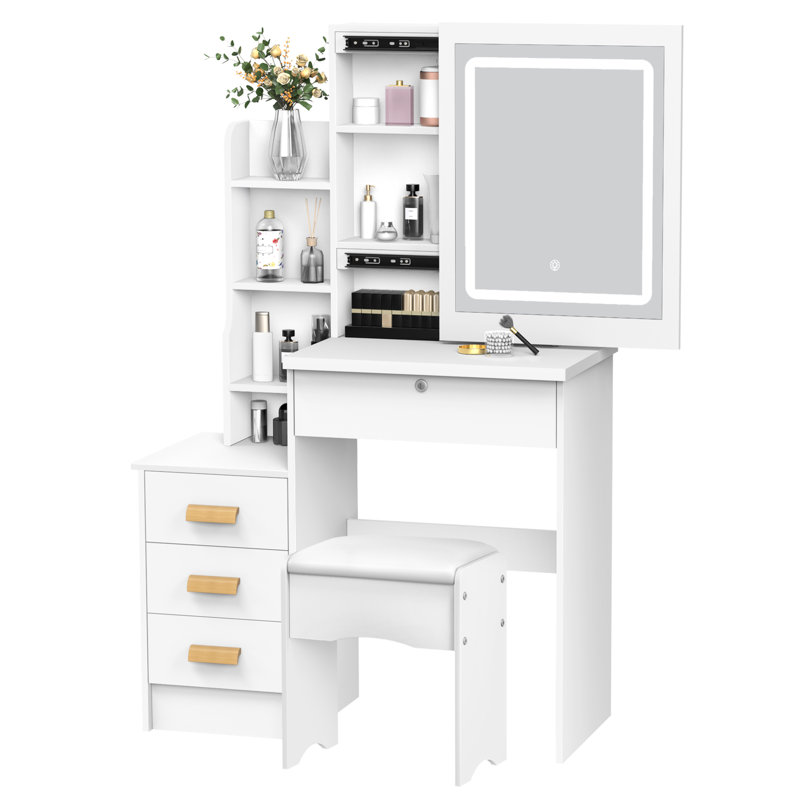 Vanity Desk with Sliding Mirror and Lights, Bedroom Dressing Table, Makeup Table with Drawers & Shelves, Hidden Storage Space