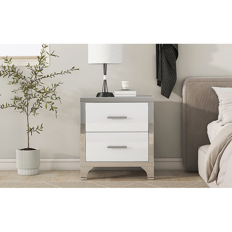 Table de chevet élégante avec poignée en métal et table de chevet miroir à 2 tiroirs, Blanc