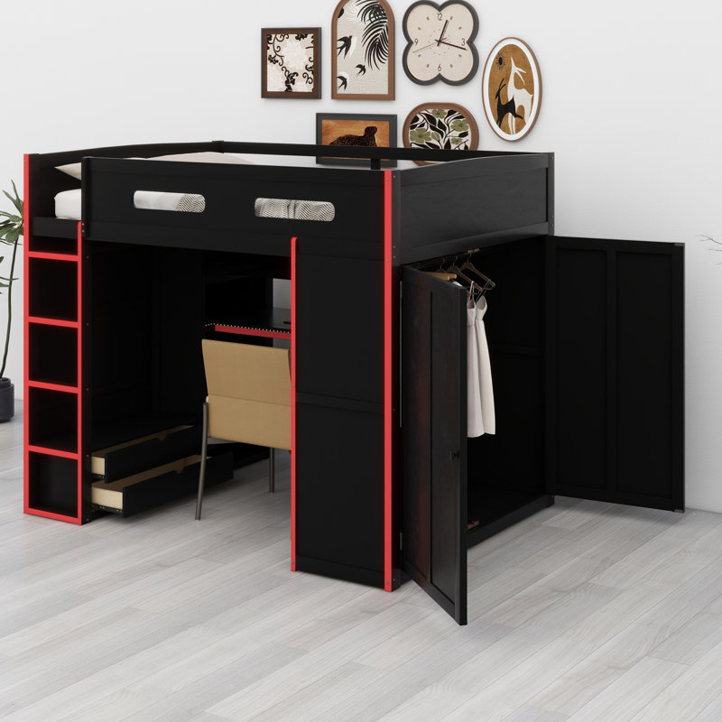 Lit mezzanine en bois avec bureau, garde-robe, grand espace de rangement et lumière RVB, Rouge