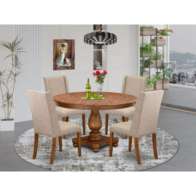 5-piece Dining Table Set consists of a mid century table and 4 Light Tan Linen Fabric dinner chairs with Padded Back - Antique Walnut