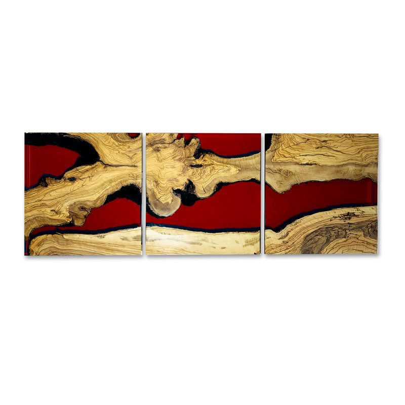 Handmade Glam Landscape & Nature Wall Decor on Resin, Glossy Red/Natural