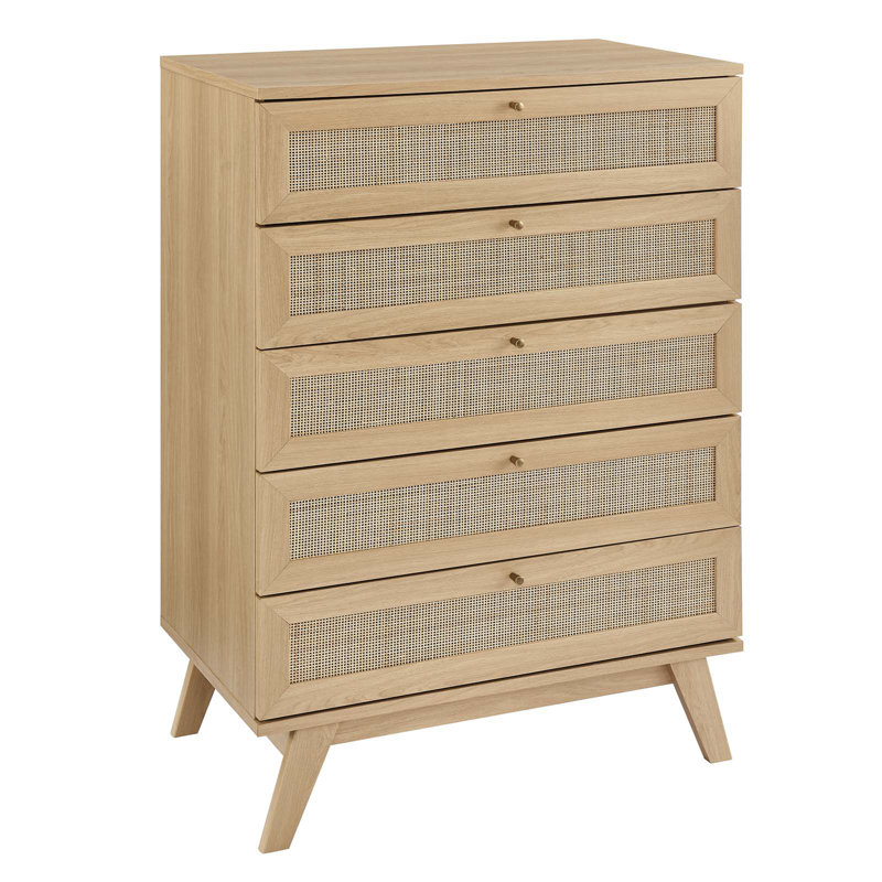 Soma Oak 5-Drawer Chest with Rattan Weave and Splayed Legs