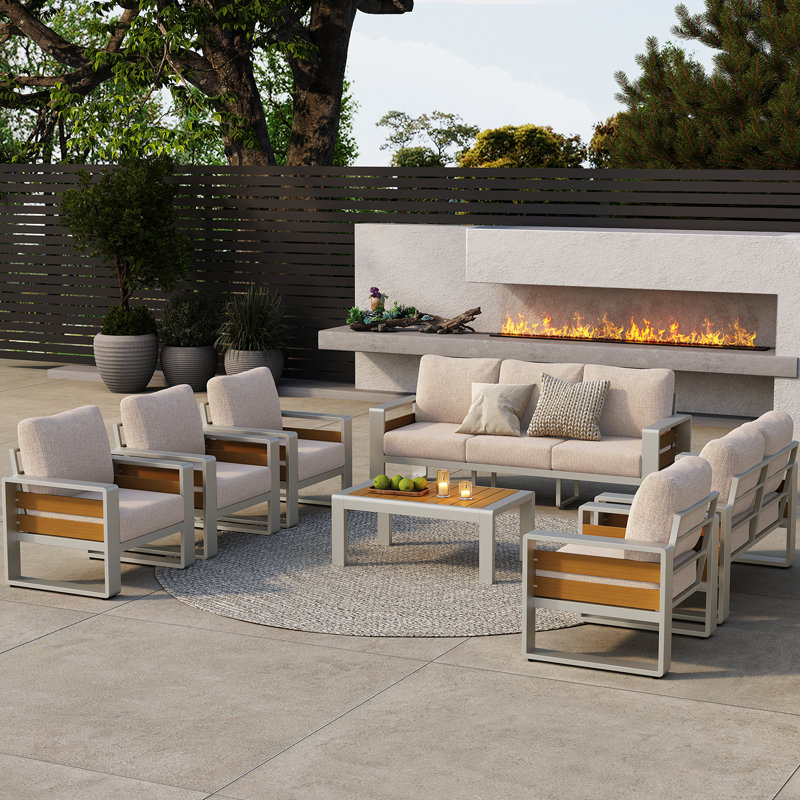 Ensemble de mobilier d'extérieur en aluminium 7 pièces avec table basse et coussins épais, Beige