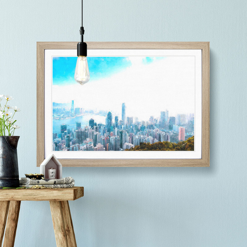 The Hong Kong Skyline in China - Picture Frame Painting Print, 24cm H x 33cm W x 2cm D, Oak Framed