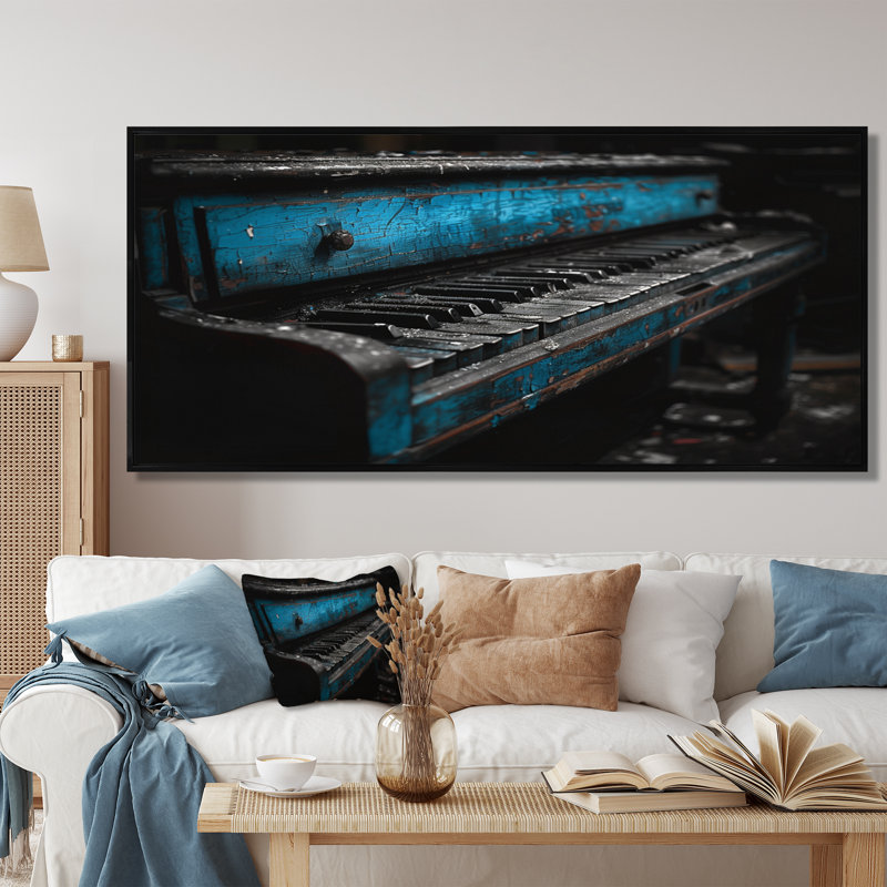 «Blue Black Vintage Piano Music - Art mural de musique, White Floater Framed, H 28 po x l 60 po