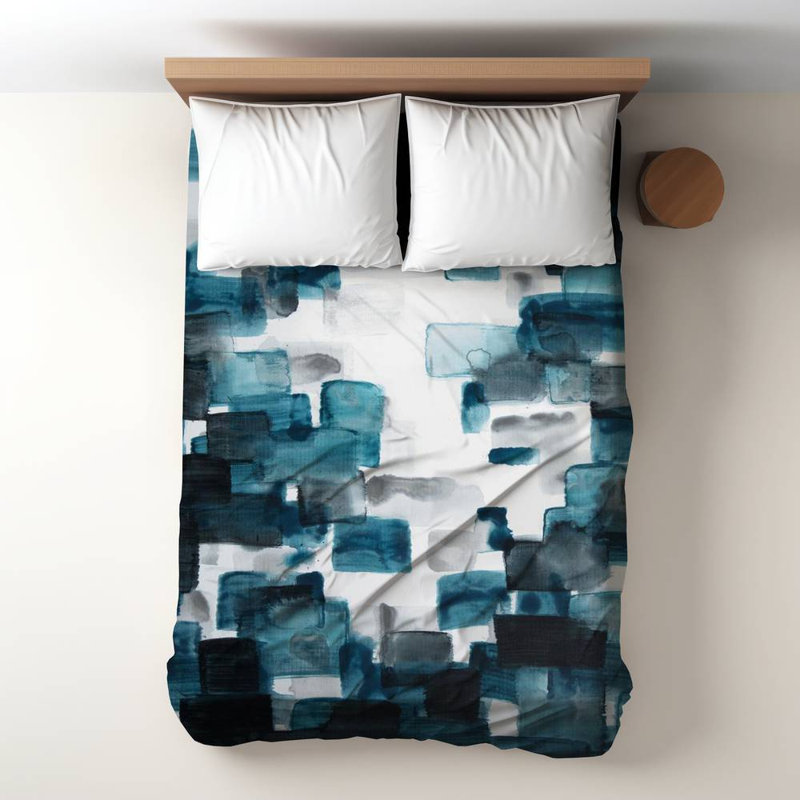 Polyester Sateen Duvet Cover, Twin Duvet, Blue Turquoise And Gray Shapes