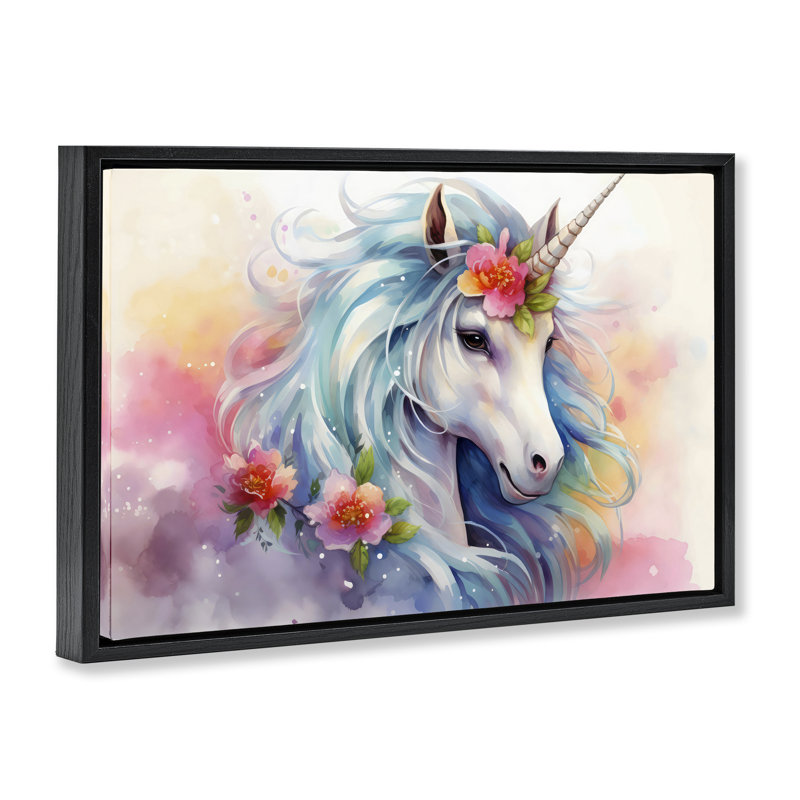 Cadre flottant licorne magique avec fleurs, design by Creative Studio, H 17 po x l 25 po, Cadre flottant noir de jais