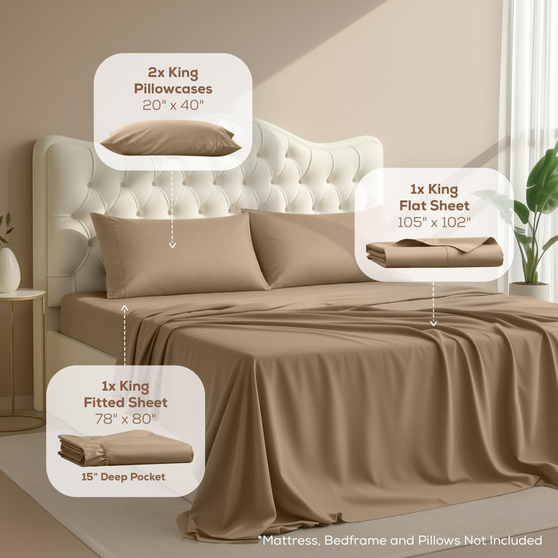 Ensemble de draps Utopia Bedding King Size – 4 pièces, en microfibre douce et respirante, comprenant 1 drap-housse, 1 drap plat et 2 taies d'oreiller – Oeko-Tex (Sable)