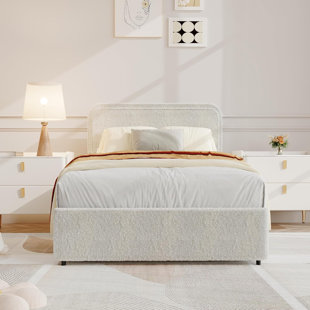 Bed Frame With Soft Headboard, Boucle Upholstered Bed Frame With Storage Drawers, Wooden Slats Support