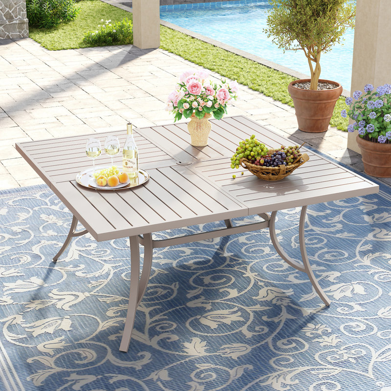 59.1" Square Patio Dining Table With Umbrella Hole, Sandshell Top/Sandshell Base