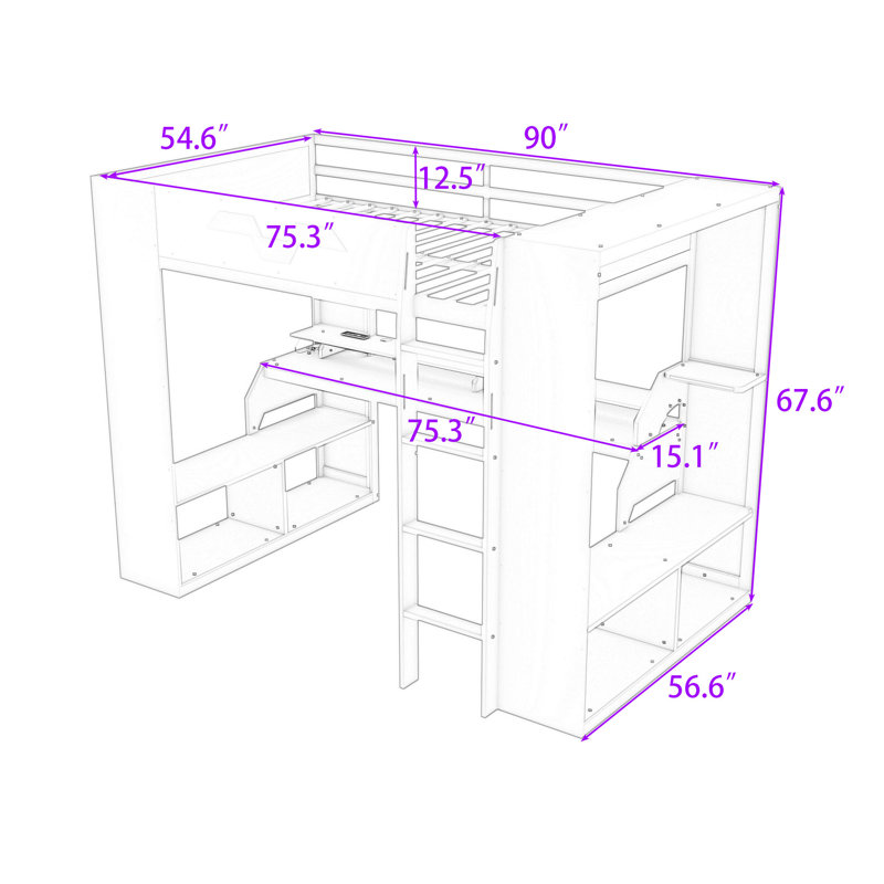 Full Wood Loft Bed with RGB LED Lights, Built-In Desk, and Storage, Red