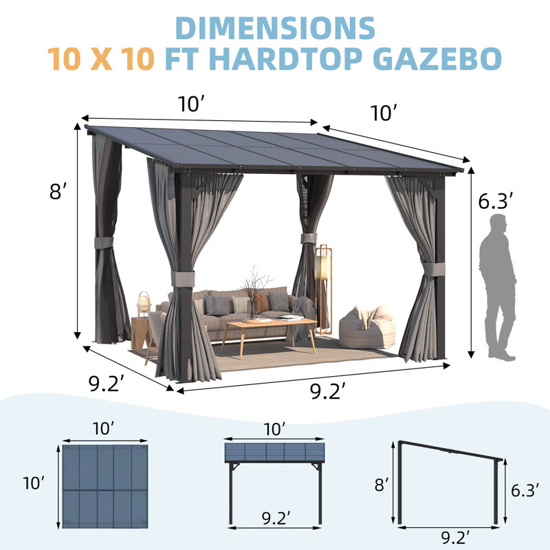 Wall-Mounted Lean To Pergola Gazebo With Curtains And Netting, 96" H x 121" W x 121" D