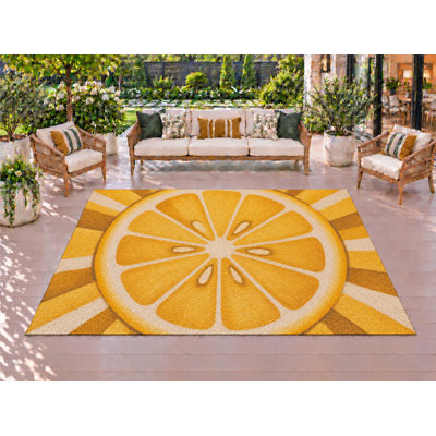 Tapis d'extérieur 5' x 7' Citrus Sunburst, épais, solide, imperméable, en PVC bouclé, tapis de patio robuste, tapis intérieur/extérieur à séchage rapide pour porche, terrasse, balcon, entrée, camping-car.