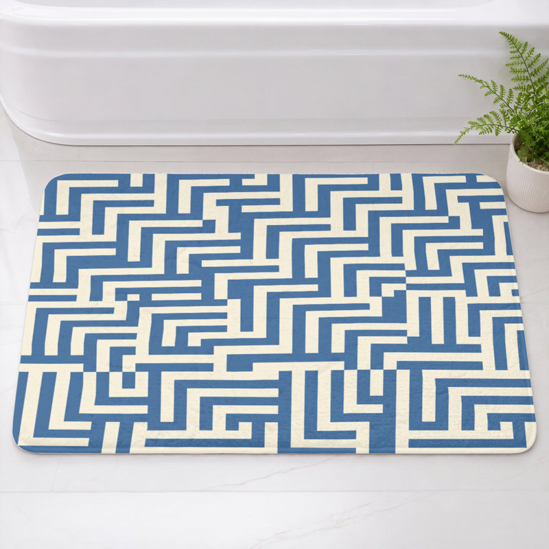 Tapis de bain à motif géométrique de labyrinthe, L 24 po x L 17 po, Beige clair / bleu foncé