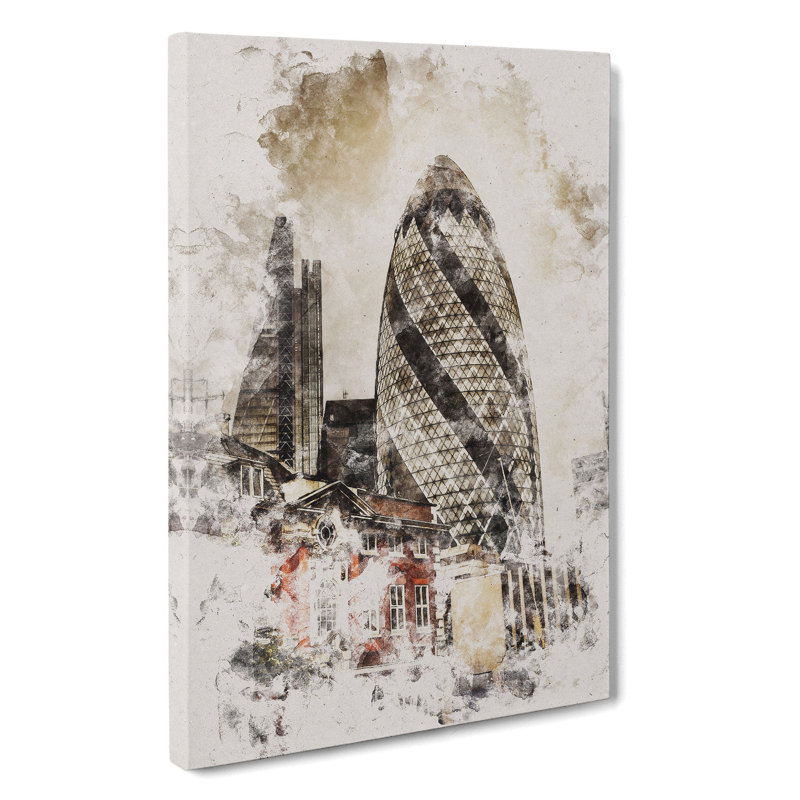 The Gherkin In London Watercolour - Wrapped Canvas Print, 91cm H x 60cm W x 3cm D