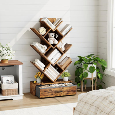 Tree Bookshelf with LED Lights, 7-Tier Bookcase with Fabric Drawer, Narrow Industrial Rack for Small Spaces