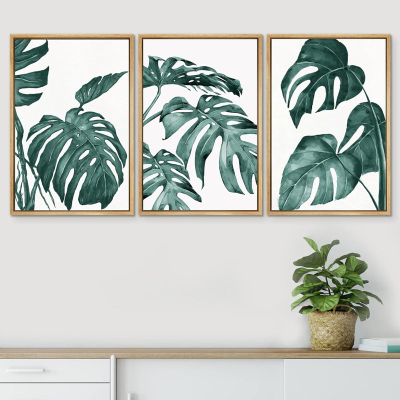 «Green Tropical Monstera Plant Leaves», impression sur toile 3 pièces, Naturel, H 36 po x l 72 po x P 1,5 po