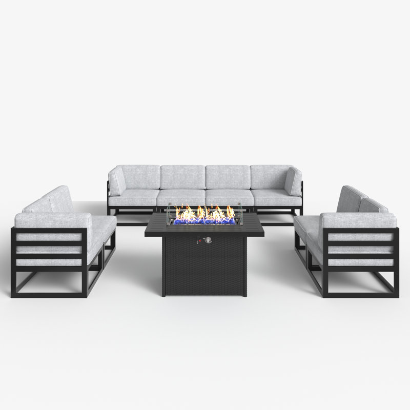 9 - Piece Outdoor Modular Sectional Set with Fire Table, Gray