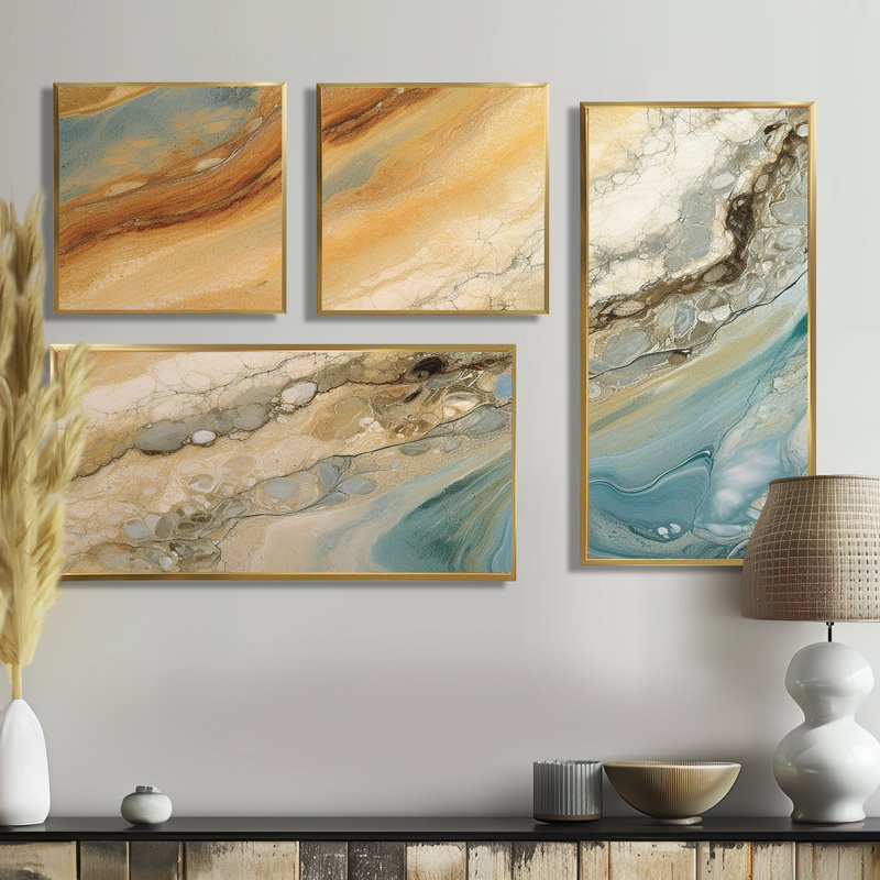 «Beige Blue Aqua Symphony», art mural abstrait grand 4 pièces, Impression encadrée sans passe-partout, Doré